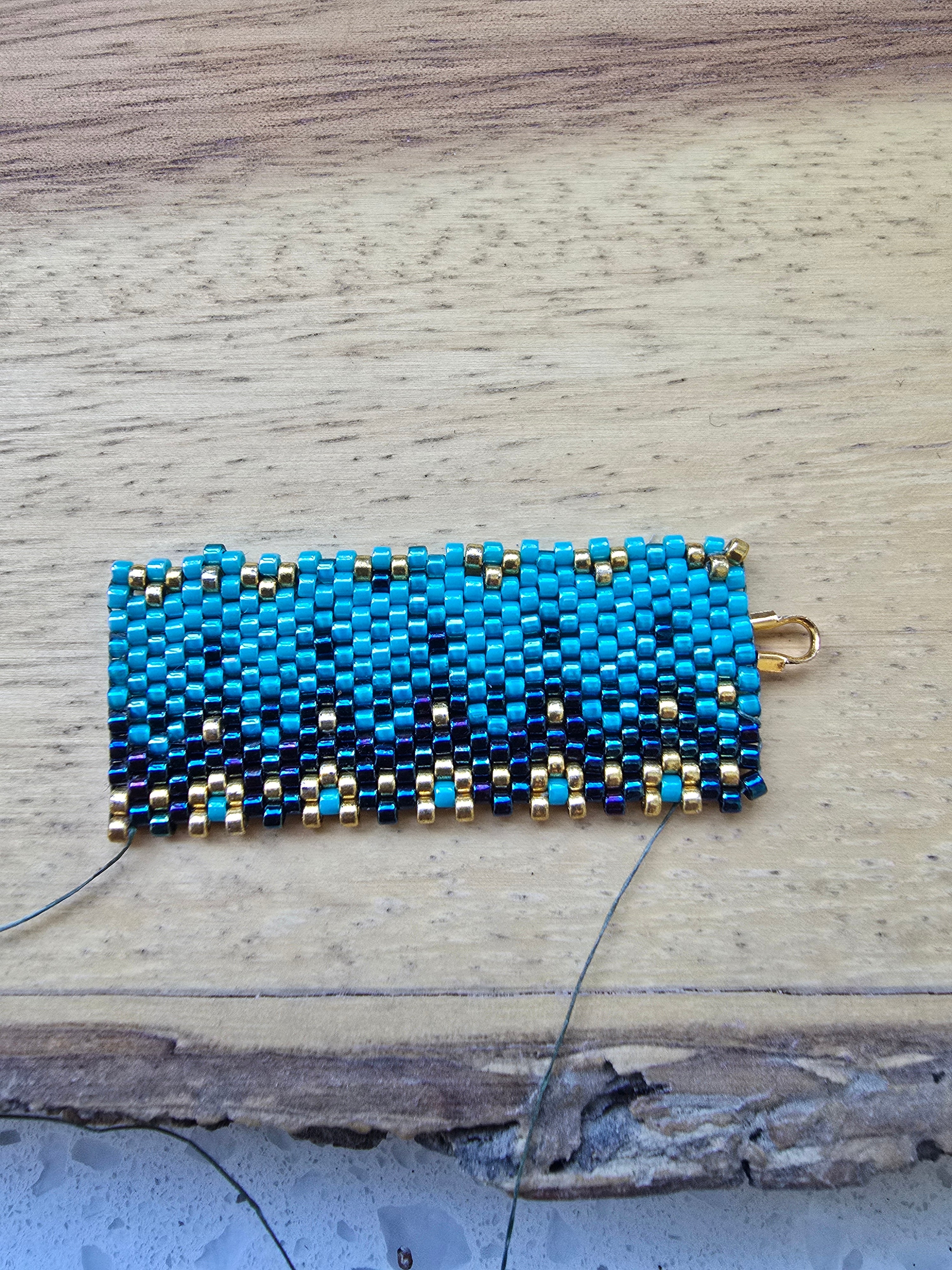 Hand Beaded Floral Turquoise Blue and Gold Dangle Earrings