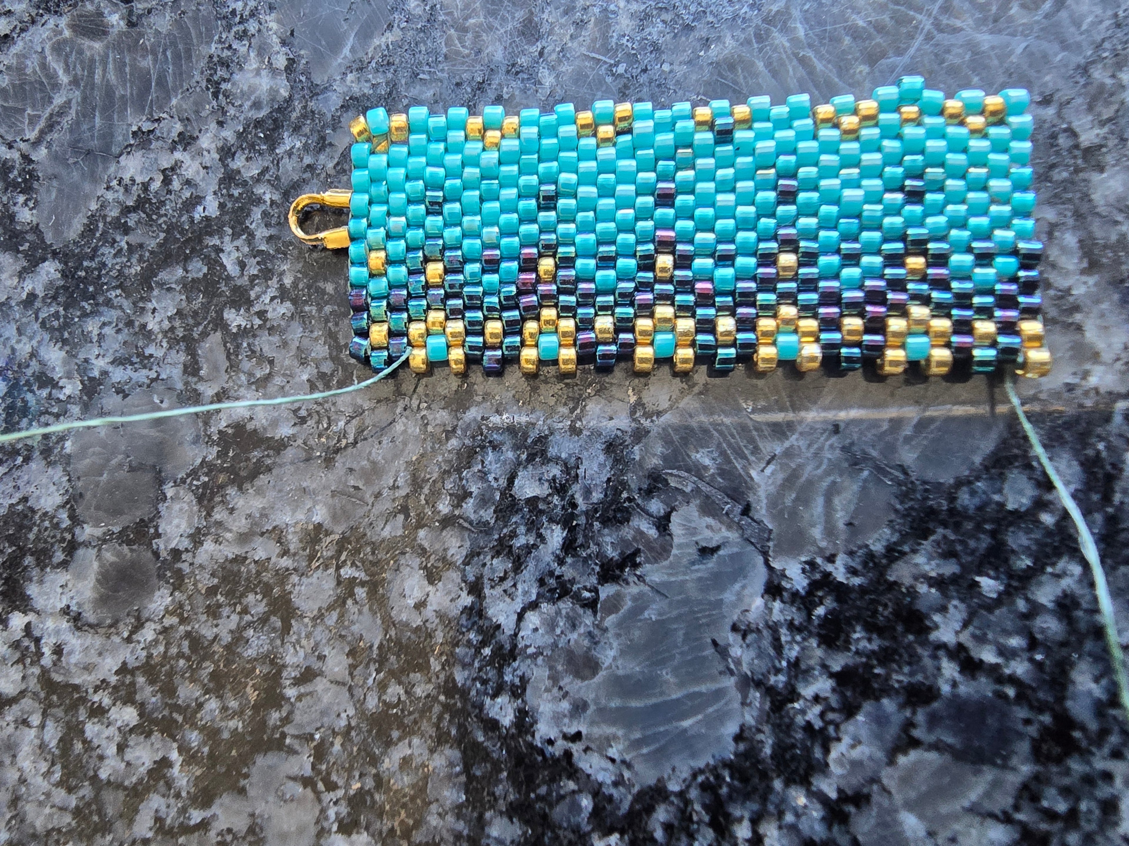 Hand Beaded Floral Turquoise Blue and Gold Dangle Earrings