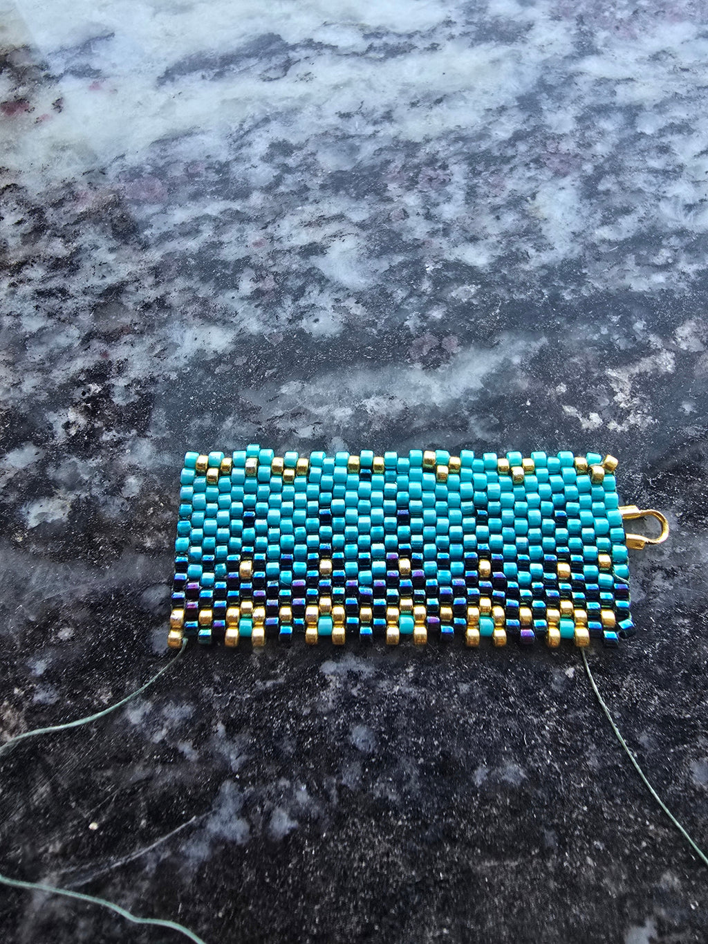 Hand Beaded Floral Turquoise Blue and Gold Dangle Earrings