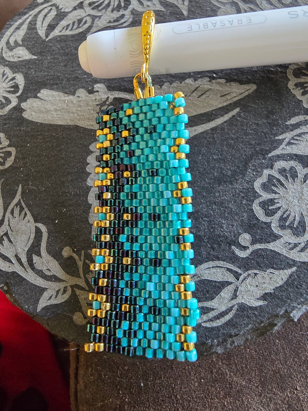 Hand Beaded Floral Turquoise Blue and Gold Dangle Earrings