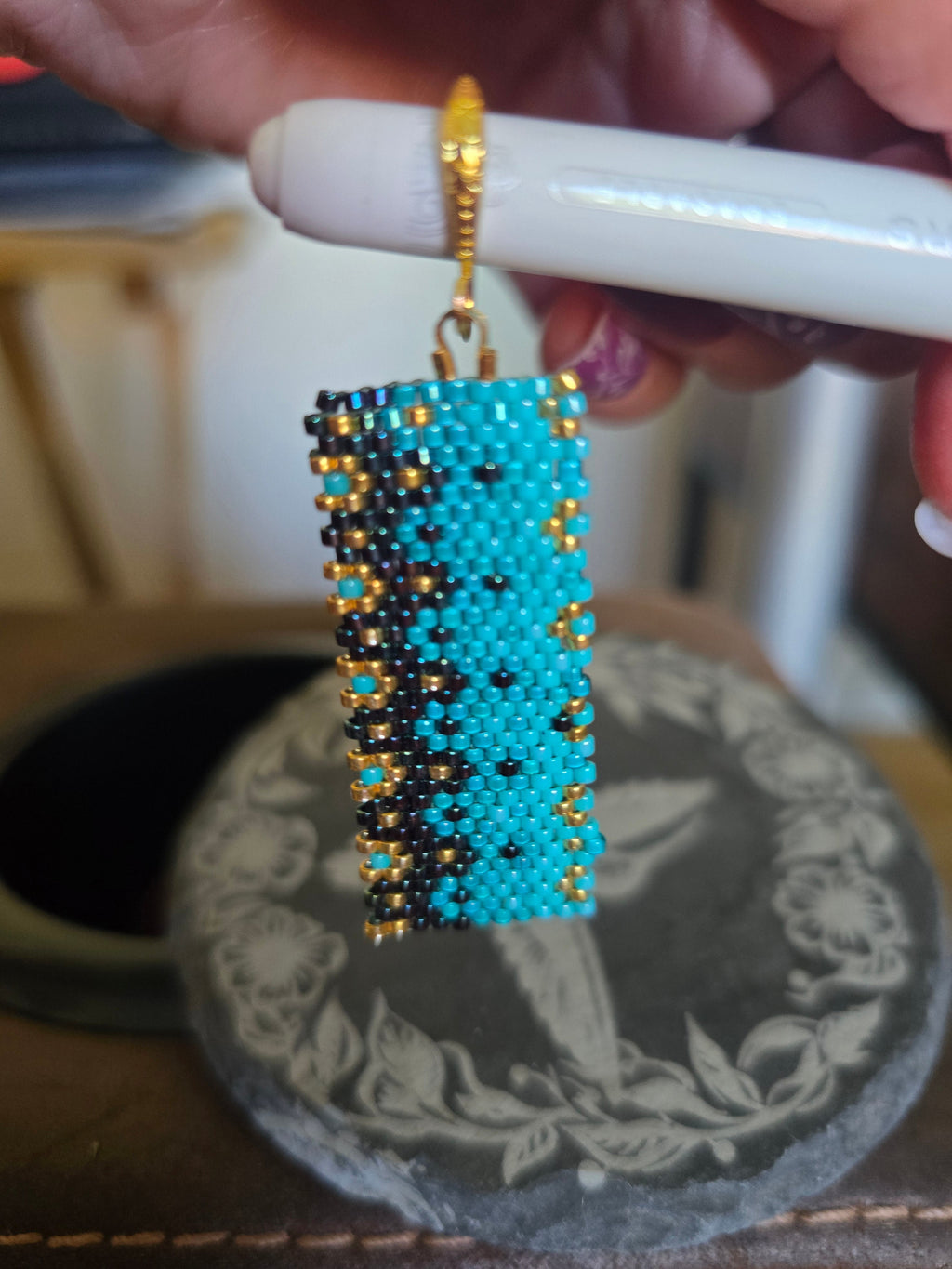 Hand Beaded Floral Turquoise Blue and Gold Dangle Earrings