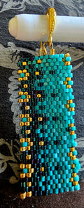 Hand Beaded Floral Turquoise Blue and Gold Dangle Earrings