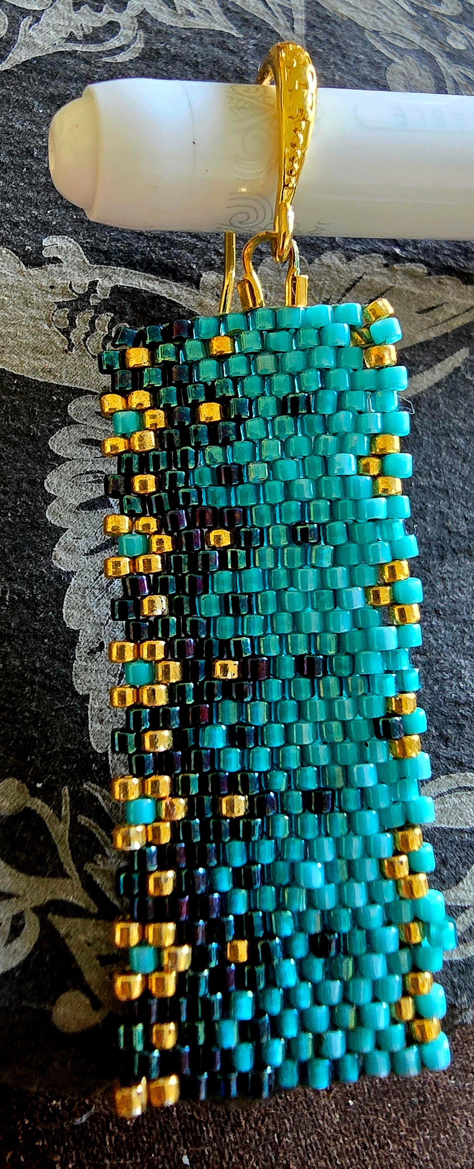 Hand Beaded Floral Turquoise Blue and Gold Dangle Earrings